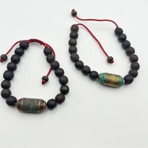 Tibetan Prayer Bead Bracelets Set of 2 Casual Boho Jewlery Brown Brass Red Blue